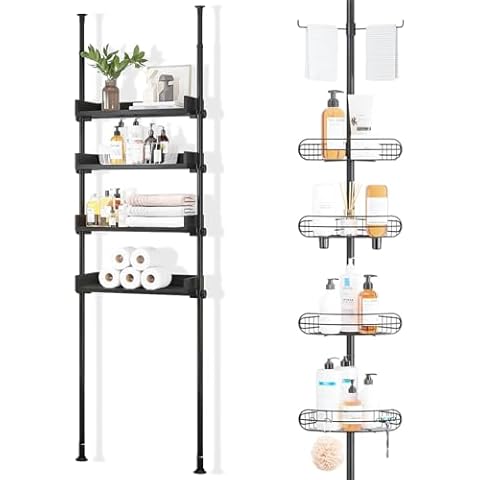 ALLZONE 4 Tier Adjustable Wood Over The Toilet Storage Cabinet, Stainless Steel Corner Shower Caddy Tension Pole, Bathroom Shower Organizer Combination Cover