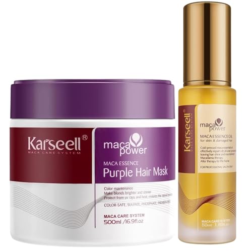 Karseell MACA CARE SYSTEM - Set de 2 - Mascarilla Pelo Violeta + Aceite de Argán - Reparación Cabello Teñido - Matizador Pelo Rubio, Gris, Canas - Iluminador - Cabello Seco y Dañado - 500ml. + 50 ml.