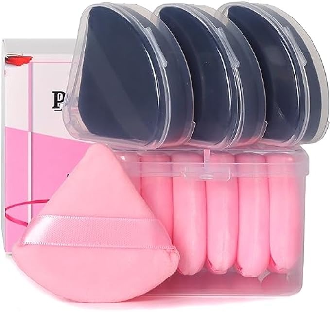 10Pcs Triangle Powder Puffs for Face Powder,Soft Velour Makeup Setting Powder Puff with Case,Black,Pink
