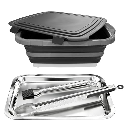 Image for Collapsible BBQ Prep Tub with Lid, 4-Piece 16L Foldable Meal Prep & Marinating Container Set with Stainless Steel Tray, Tongs & Brush, Prep Surface for Food Cutting, Kitchen, Camping & Outdoor Cooking
