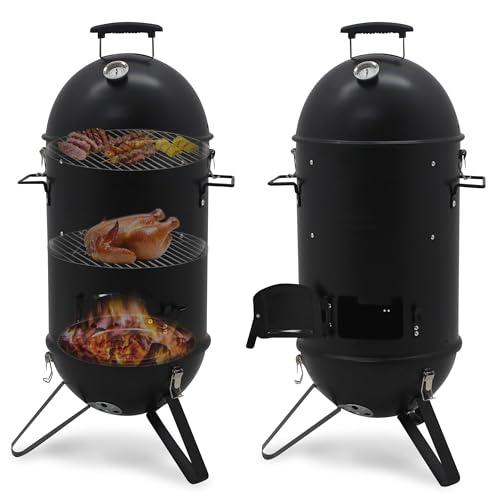 Muntel Räuchergrill, Holzkohlegrill, Smoker, Räucherofen, für Camping, Edelstahl-Griff, Thermometer, Grillrost,2 Roste,Zum Räuchern, Grillen und Garen, Ø 37 x 91 cm, Schwarz Muntel Räuchergrill, Holzkohlegrill, Smoker, Räucherofen, für Camping, Edelstahl-Griff, Thermometer, Grillrost,2 Roste,Zum Räuchern, Grillen und Garen, Ø 37 x 91 cm, Schwarz