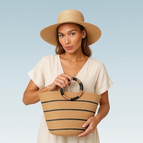 Image of Eiyye Large Woven Tote Bag for Women Straw Tote Bag Woven Stripe Handbag Travel Vacation Purse for Shopping Picnic Work