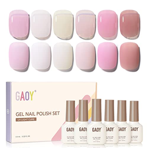 GAOY Jelly Light Pink Gel Nail Polish Set, 6 Transparent Colors Nude Peach Gel Nail Kit for Nail Art DIY Manicure and Pedicure at Home