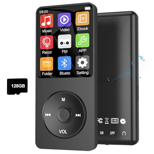 128GB MP3 Player with Bluetooth 5.3, Ninsiden 1.8-Inch Music Play Built-in HiFi Speaker,Portable MP4/MP3 Player for Kids with Music,Video,FM Radio, E-Book Reader, Voice Record, Photo Viewer, Black