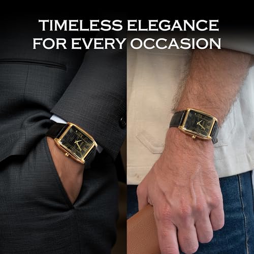 Miykon Vintage Watches for Men | Tank Square Mens Watch with Genuine Leather Band | Ion Polished, Luminous Hands and Second Hand, Scratch Resistant Glass, Japanese Quartz, 100ft Water Resistant