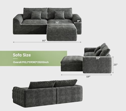 Image of 91″ Boneless Couch 3-Seater Modular Sectional Sofa with Ottoman for Living Room, L-Shape Cloud Couch with Comfy Flannel Fabric, Oversized Loveseat Recliner Lounge Chaise with 2 Throw Pillows (Grey)