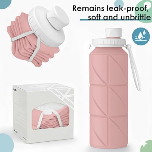 Image of SILENCIO Silicone Water Bottle 600 ml | Foldable Leak Proof Travel Bottle | BPA Free Reusable Drinking Bottle for Gym, Trekking, Camping & Outdoor Use (PINK)