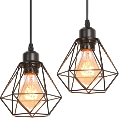 TOKIUS Lámparas de Techo Diseño de Jaula de Hierro Negro Ø 16cm Vintage Lámpara Colgante Iluminación de Techo de Interior para Pasillo Porche Cocina Dormitorio (Colgante 1 Luz, 2 Piezas)