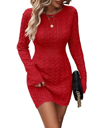 ZAFUL Womens Cable Knit Sweater Dress Long Sleeve Crew Neck Winter Bodycon Mini Fall Dresses 2025 0-red S