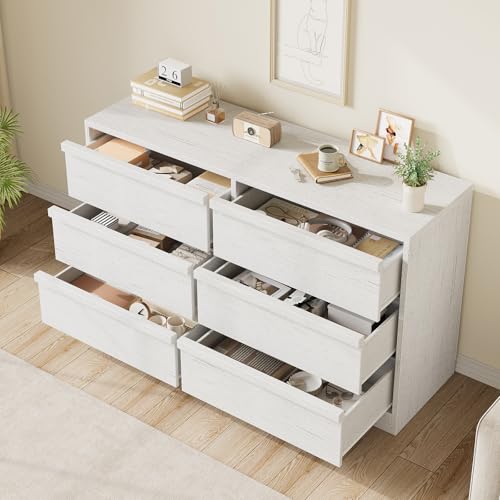 GarveeHome 6 Drawer Dresser for Bedroom, Antique White Double Dresser Organizer with Large Storage, Wooden Chest of Drawers for Living Room, Nursery, Hallway