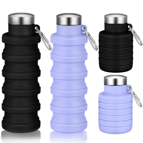 Baderke 2 Pcs Collapsible Water Bottles 17oz Silicone Travel Foldable Portable Water Bottle with Buckle Silicone Lightweight Reusable Leakproof for Camping Hiking Cycling Sport(Purple, Black)