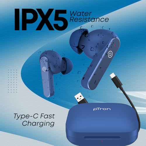 Image of pTron Bassbuds Gomax in-Ear TWS Earbuds, HD Mic & TruTalk AI-ENC Calls, 36Hrs Playtime, 13mm Drivers, Bluetooth 5.3 Wireless Headphones, Voice Assist, Type-C Fast Charging & IPX5 (Bold Blue)