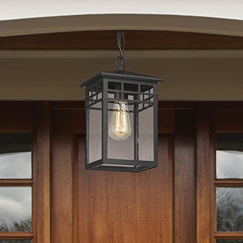 Diyel Outdoor Pendant Light Lanterns For Front Porch, Black Exterior Hanging Light Fixtures With Seeded Glass Shade For Patio, Entryway, Garage, Gazebo, Rz009-H Bk #TOP5