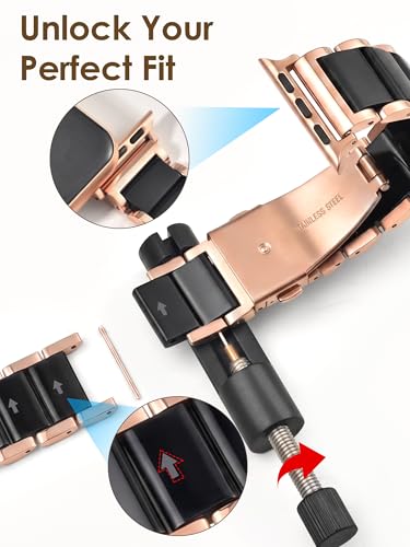 Image of V.R.HOPE Apple Watch Band for Women 38mm 40mm 41mm 42mm Fashion Rose Gold Stainless Steel Metal Strap with Resin Inlay, Fashion Bracelet Compatible with iWatch Series 11 /10 /9 /8 /7 /6 /5 /4 /3 /2 /1 /SE (Black+Rose Gold)