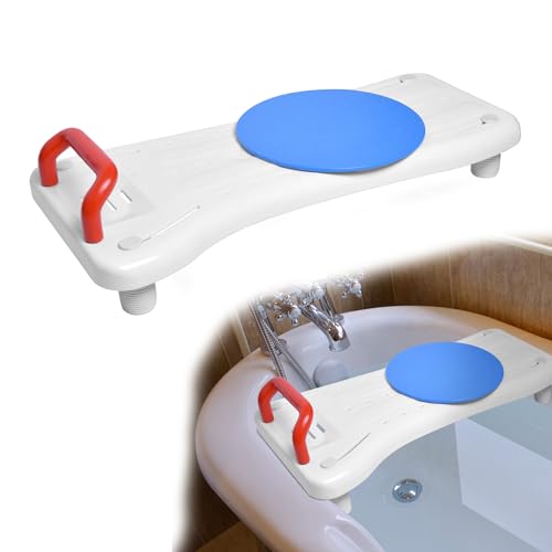 Suusolny Badewannensitz Senioren 75.5x34cm Badewannenbrett zum Sitzen Verstellbar 41-63cm Sitzbrett Wannenbrett Badewanne Brett Seifenablage & ergonomischer Griff 150KG - Rot Griff + Drehscheibe