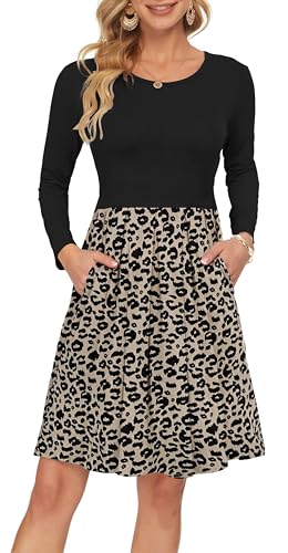 AUSELILY Damen Langarm Plissee Loose Swing Freizeitkleid mit knielangen Taschen Leopard J Schwarz S