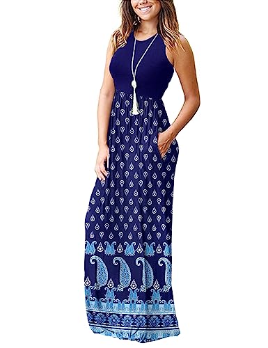 Image of AUSELILY Women's Summer Sleeveless Loose Plain Casual Long Maxi Dresses | Year Round wear solid floral print, Casual daily wear, Empire waist, Floor length, Side pockets New
