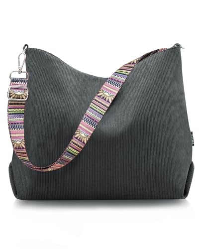 Prite Shopper Tasche Damen Groß Cord Tasche Tote Bag mit Verstellbarem Schultergurt für College Schule Arbeit Reisen Einkaufen（Grau）
