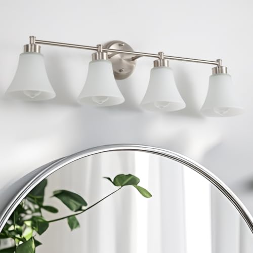 Image of LOUSACE 4 Light Bathroom Vanity Light Brushed Nickel Bathroom Lighting Fixtures Over Mirror with Opal White Frosted Glass, Vintage Traditional Wall Lighting Fixture Satin Nickel Vanity Lights