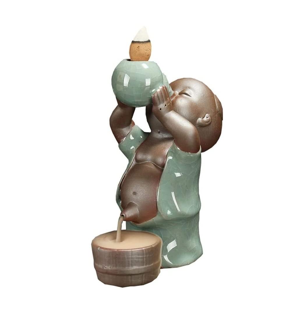 Fuentes de Incienso,Yoga Quemador De Incienso Torre De Reflujo Conos Palos Soporte Cerámica Porcelana Buda Monje Muebles Creativos para La Oficina Y El Hogar Zen