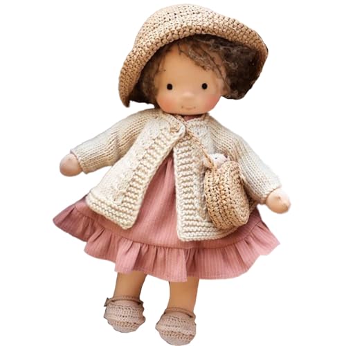 Boneca de pano, linda boneca de pano de cabelo encaracolado com chapéu, mala e vestido de corpo cruzado, presentes de bebé de luxo suave de 10 polegadas para bebés e crianças pequenas aniversário de