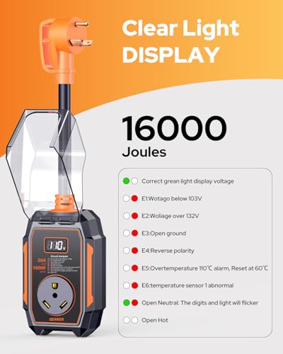 Image of GEARGO ๐๐๐๐ Smart RV Surge Protector 30 amp with 16,000J, Auto Shutoff & Reset, Real-time LED Digital Display, IP68 30 amp RV Surge Protector, Full Circuit Analyzer for Travel Trailers