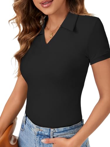 LYANER Women's Short Sleeve V Neck T Shirts Ribbed Knit Slim Fit Tee Top Stripes Collar Polo Shirt3