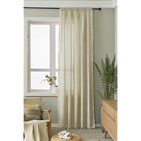 DEAMOS Boho curtains, beige, country house style, cotton linen with tassel curtains, living room, bedroom curtain, 1 piece (beige, W 150 x H 160 cm) Cover