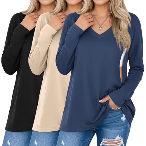 Sweetyweee 3 Pack Women's Oversize Nursing Shirts for Breastfeeding with Hidden Zippers Loose Fit Long Sleeve Maternity Tops(Haze Blue, Khaki, Black,Medium)