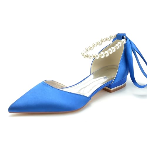 Image of Women's Pointed Toe Pumps Pearl Satin Wedding Shoes for Bride Flats Ankle Strap Bridal Shoes Formal Prom Party Dress Pumps Sandals