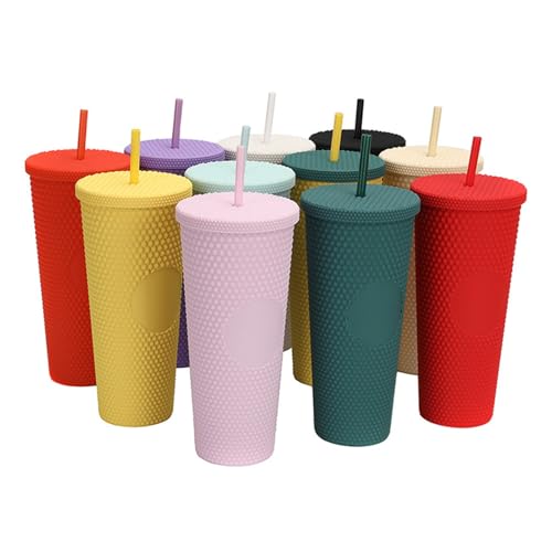 Dioche Vasos con Vaso con Tachuelas Mate de 710 Ml/24 Oz - Vaso de Plástico Reutilizable de Gran Capacidad con Tapa a Prueba de Fugas y Pajita - Perfecto para Agua, café, té y Jugo (rojo anaranjado)