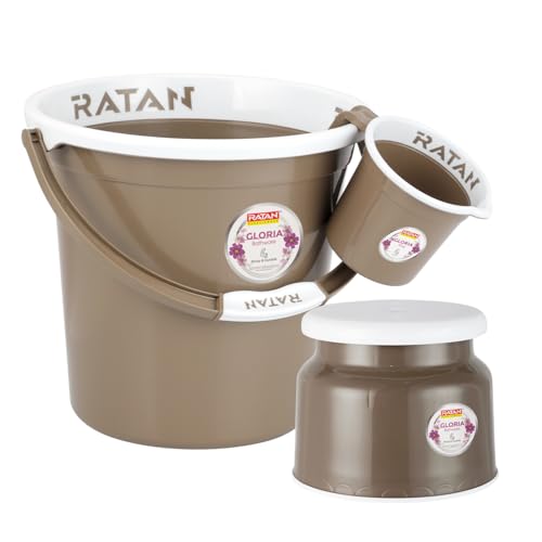 Image of RATAN PLASTICWARE Plastic Bathroom Set of 3 Pieces Combo Pack Gloria Plain 18 Liters Bucket + Nova Stool Patla 107 + Gloria Plain Bath Mug 1 Liter Color Light Brown