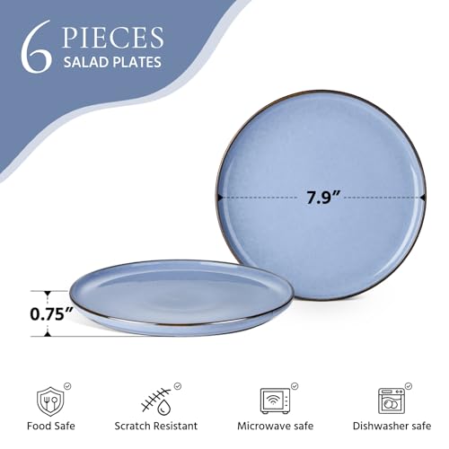 Image of E-far 8 inch Ceramic Salad Plates Set of 6, Reactive Glaze Stoneware Dishes, Round Dessert Plate for Home Kitchen Restaurant, Microwave & Dishwasher Safe - Ocean Blue