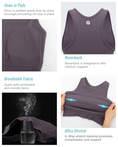 Image of RUNNING GIRL Sports Bras for Women High Impact Seamless Ribbed Longline High Neck Workout Crop Tank Tops(BX3067Dark Grey,L)
