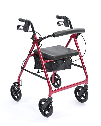 NRS A-Series 4 Wheel Rollator Walking Aid with Seat & Bag Folding Lightweight Height Adjustable Aluminium Frame with Lockable Brakes - P11255 Red