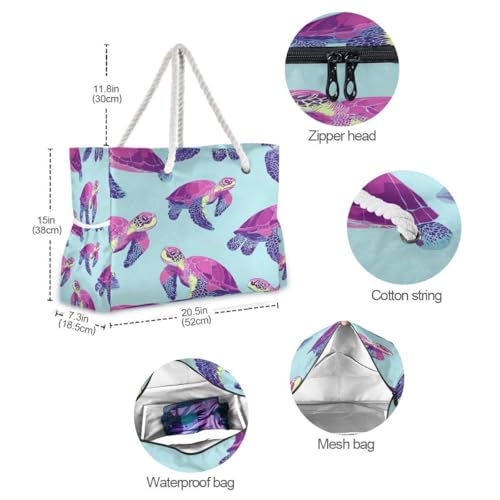 Large Beach Bags Totes Canvas Tote Shoulder Bag Purple Turtle Water Resistant Bags for Gym Travel Daily4