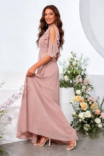 Image of Women Bridesmaid Dresses with Sleeves for Wedding V Neck Chiffon Long A Line Pleated Formal Evening Gown