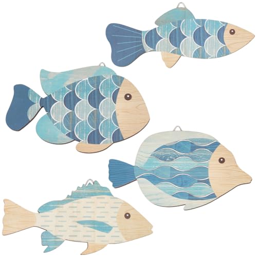 GORGECRAFT 4pz de Pared de Pez de Madera Arte Azul de Madera Natural Esculturas de Verano Mar Playa Océano Animales Vintage Náutico Adorno Colgante Costero para Arte Casa Lago Baño Dormitorio Hogar.