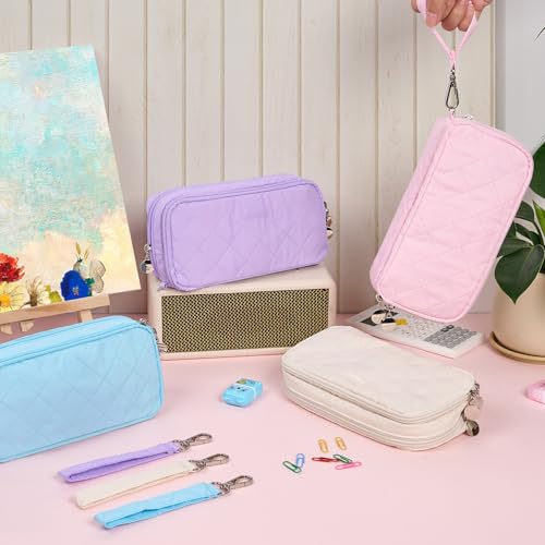 Image of Sooez Large Pencil Case Pouch, Extra Big Pencil Bag with 8 Compartments, Pen Bag Wide Opening, Soft Quilted Pencil Pouch Organizer with Zipper, Portable Pencil Case for Teen Girls, Pink