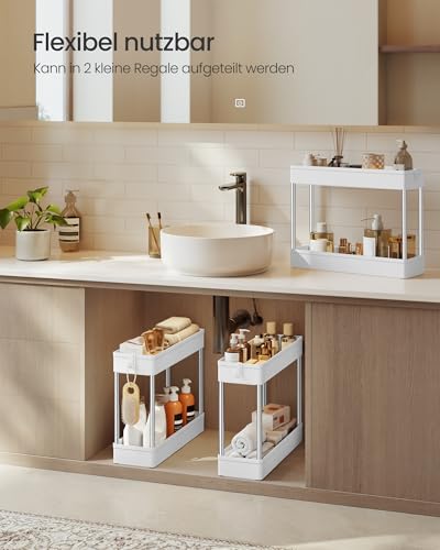 SONGMICS Rollwagen, Küchenwagen, Küchenregal, Nischenregal, mit 6 Haken, 360° drehbare Räder, Stahlgestell, Bad, Küche, Büro, 3 Ebenen, weiß KSC007W01