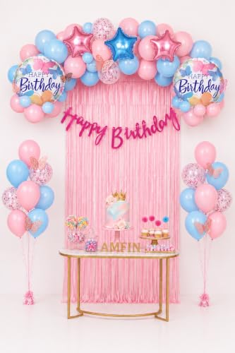 Image of AMFIN (Pack of 43) Butterfly Theme Birthday Decoration Kit Metallic Finish Women Girls Item Pink Blue Rainbow Flower