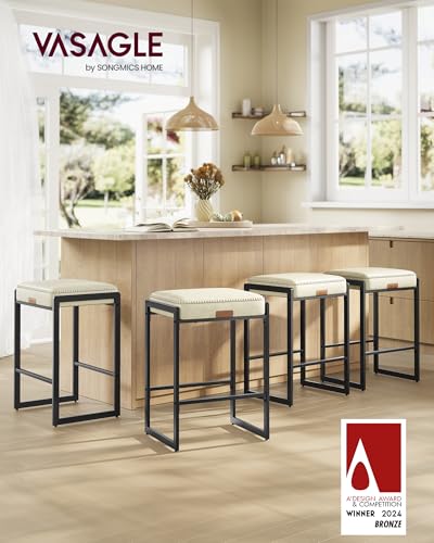 Image of VASAGLE EKHO Collection - Bar Stools Set of 4, Counter Height Bar Stools, Synthetic Leather with Stitching, Mid-Century Modern Counter Stools, 26-Inch Tall, Kichen Home Bar Dining Room, Cream White