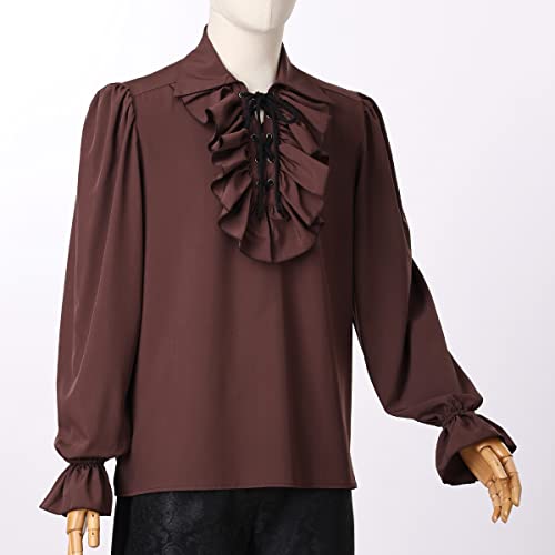 GRACEART Mens Pirate Shirt Ruffle Colonial Shirt Renaissance Poet Frilly Shirt Steampunk Vampire Gothic Costume Brown - Image 2