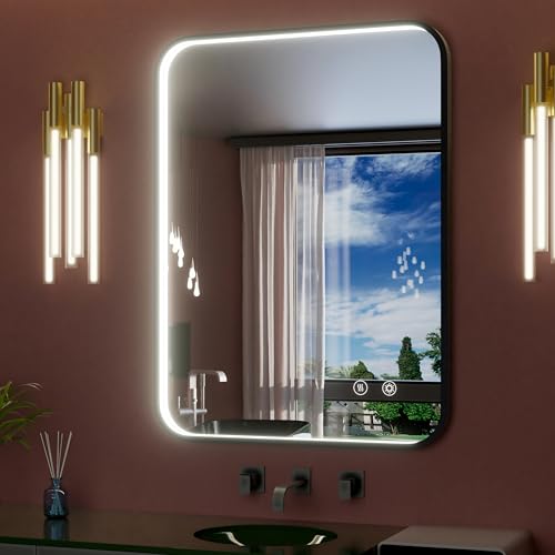 JSneijder 28"x36" Black LED Bathroom Mirror with Lights, 3000K/4500K/6000K