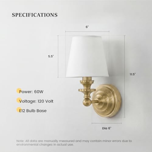 Image of Antique Linen Shade Wall Sconce- Brass Finish Base and Conical Fabric Shade Wall Light Fixture for Bathroom, Bedroom, Dining Room and Entryway(6.5 inch D x 11.5 inch H Brass)