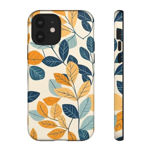 Coque rigide iPhone 12 bleue antichoc à motif feuille colorée brillante de haute protection