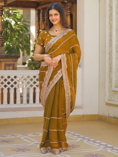 Image of Satrani Women's Shimmer Chiffon Scalloped Border Sequins Embroidery Saree with Unstitched Blouse Piece