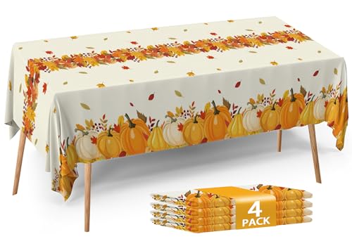Image of ATFUNSHOP Fall Plastic Tablecloth 4 Packs Thanksgiving Disposable Table Cloth 54x108 Rectangle Table Cover with Pumpkin & Maple Leaf for Holiday Dinner Party Decorations Outdoor Picnic & Baby Showers