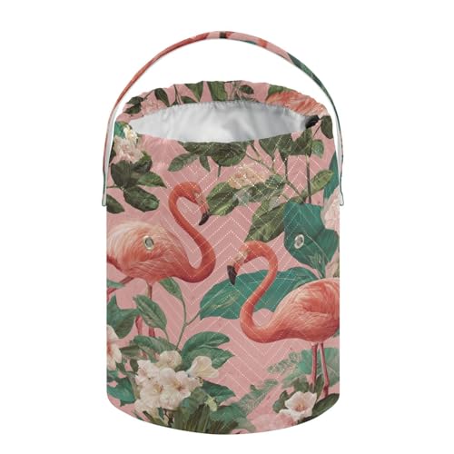 Image of ElliTarr Crochet Bag Yarn Bag with Handle Portable Knitting Project Bag Travel Yarn Storage Organizer Holder Case Pink Cute Tropical Flamingo and Plants