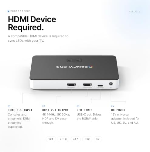Fancyleds 2.1 Fancy Sync Box Streaming Media Player TV LED Synced Backlight with HDMI 2.1, 4K 120Hz, 144Hz, 8K 60Hz, VRR, ALLM, 96 RGBW LEDs Per Meter Ambient Lighting (for 56" to 65" TVs) - 2
